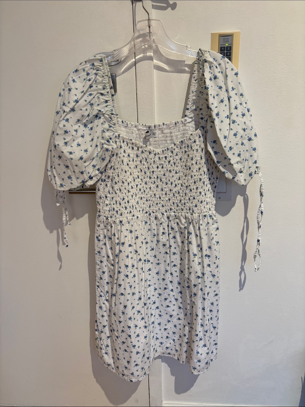 Faithfull The Brand White Smocked Floral Mini Dress with Puff sleeves size 8
